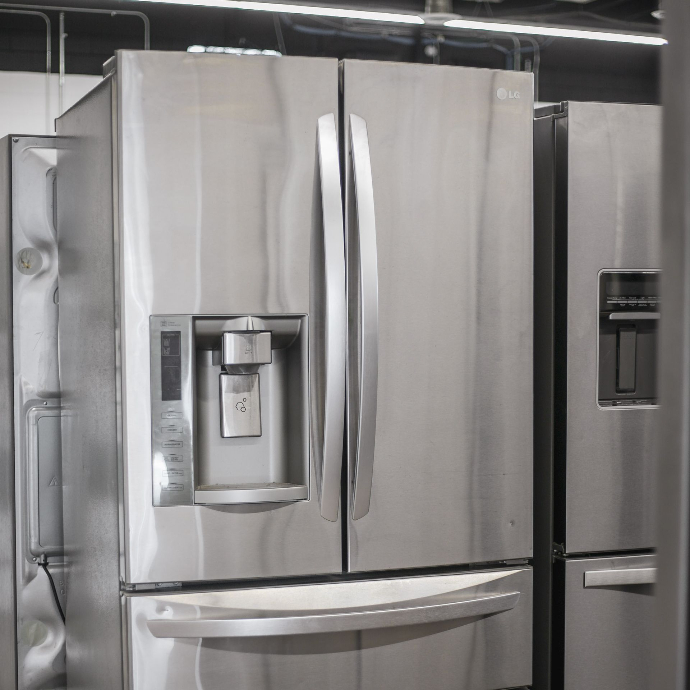 Silver aluminum french door fridge, whirlpool